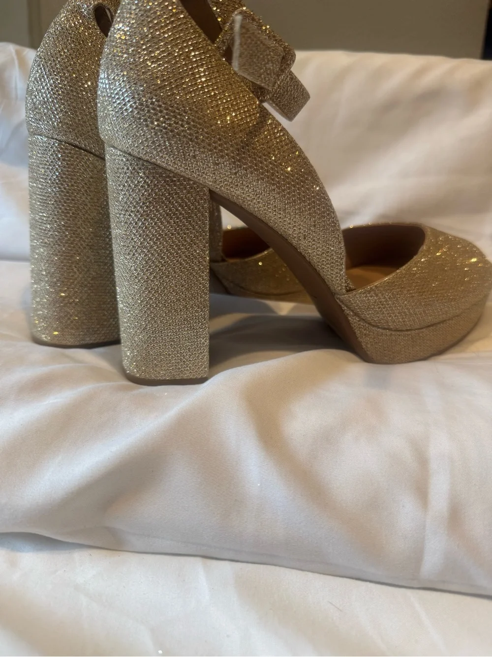 Sun + Stone Gold Glitter Platform Block Heel Sandals